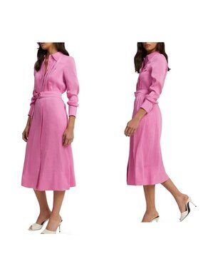 Country Road Tuxedo Linen Silk Midi Dress 8 Pink Button Down Pleated Old Money
